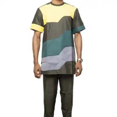 Short Sleeve Dashiki Tracksuit for Men with vibrant African patterns, perfect for casual wear, available at Baobabmart.