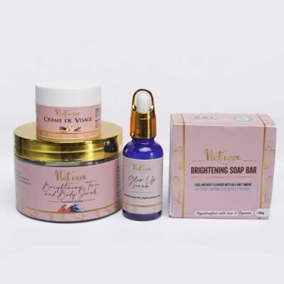 Nat Care Face Cream, Face and Body Scrub, Glow Up Serum, and Soap Bar, a complete skincare bundle for radiant, smooth skin, available at BaobabMart.
