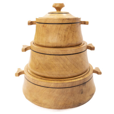 Handmade African Wooden Casserole Set with a large bowl and lid, perfect for serving and decor, available at Baobabmart.