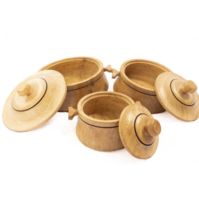 Handmade African Wooden Casserole Set with a large bowl and lid, perfect for serving and decor, available at Baobabmart.