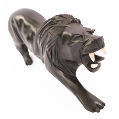 Male Wooden Ebony African Lion Figurine, handcrafted with intricate details, symbolizing strength and majesty, available at Baobabmart.