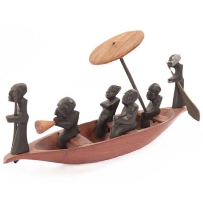 African Handmade Canoe With Passengers, intricately detailed cultural decor, available at Baobabmart.
