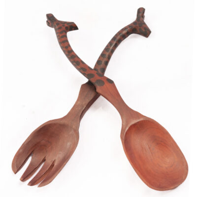 Small Giraffe Wood Serving Spoon Set, hand-carved with giraffe designs, perfect for serving or decor, available at Baobabmart.