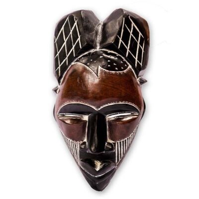 female Handmade African Tikar Mask with traditional design, authentic African decor available at Baobabmart.