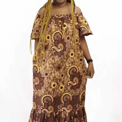 Off The Shoulder Long Kaba with Scalf – elegant African attire available at BaobabMart.