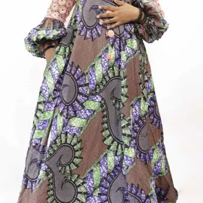 Long Kaba Dress with Long Puff Sleeves – elegant African attire featuring floral mesh bust, available at BaobabMart.