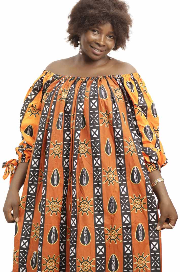 Vestido longo africano em tecido de cera laranja e preto para venda