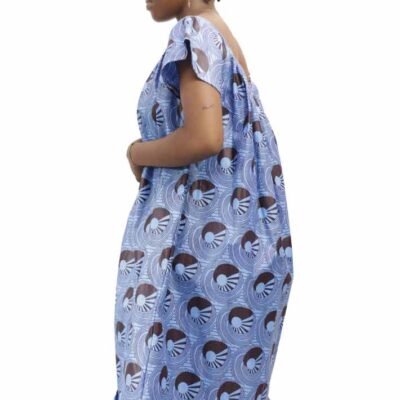 Casual Blue African Women Kaba Dress, vibrant wax fabric for casual and cultural events, available at BaobabMart.
