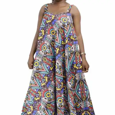 Kitenge Women Dress with Straps, featuring vibrant African prints and adjustable fit, available at BaobabMart.