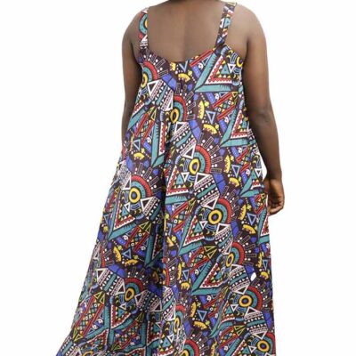 Kitenge Women Dress with Straps, featuring vibrant African prints and adjustable fit, available at BaobabMart.
