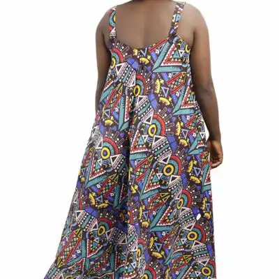 Kitenge Women Dress with Straps, featuring vibrant African prints and adjustable fit, available at BaobabMart.