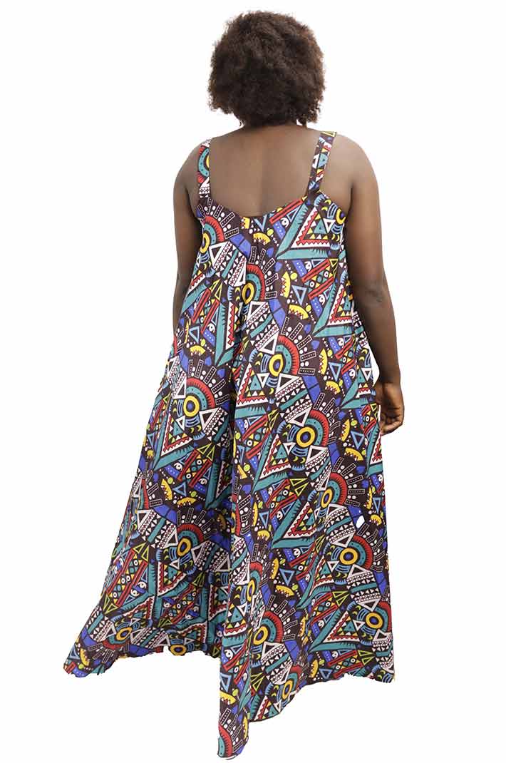 Kitenge Women Dress with Straps, featuring vibrant African prints and adjustable fit, available at BaobabMart.