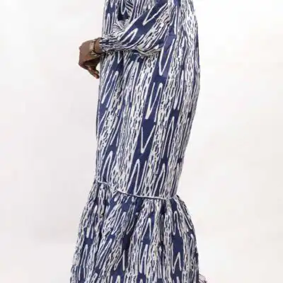 Long Blue African Kaba with Puff Sleeves – Stylish African attire for formal occasions, available at Baobabmart.