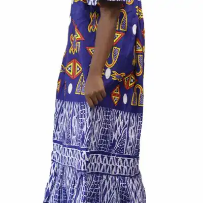 Long Blue Ndop Off-shoulder Dress for Sale – Vibrant and stylish African attire, available at Baobabmart.
