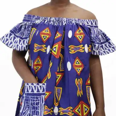 Long Blue Ndop Off-shoulder Dress for Sale – Vibrant and stylish African attire, available at Baobabmart.