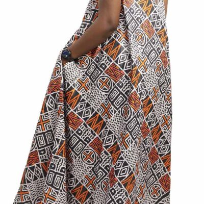 Long Casual African Kaba Dress with Boat Collar, elegant and breathable African-inspired fashion, available at Baobabmart.