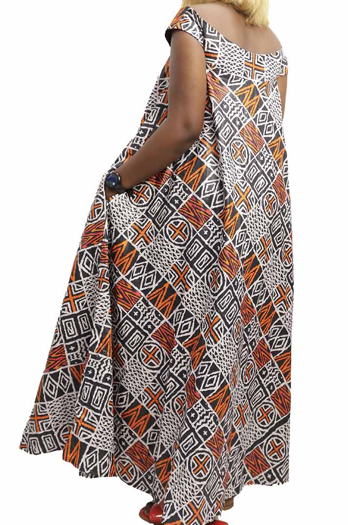 Long Casual African Kaba Dress with Boat Collar, elegant and breathable African-inspired fashion, available at Baobabmart.