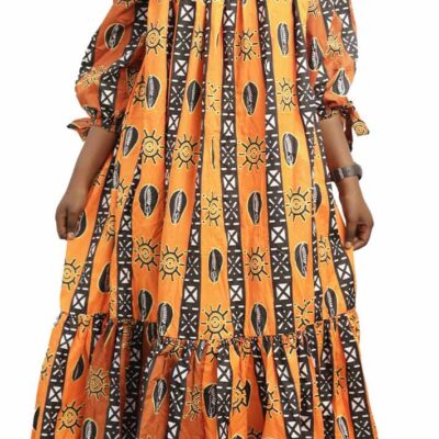 Long African Dress in Orange and Black Wax Fabric, vibrant African dress for cultural and formal events, available at BaobabMart.