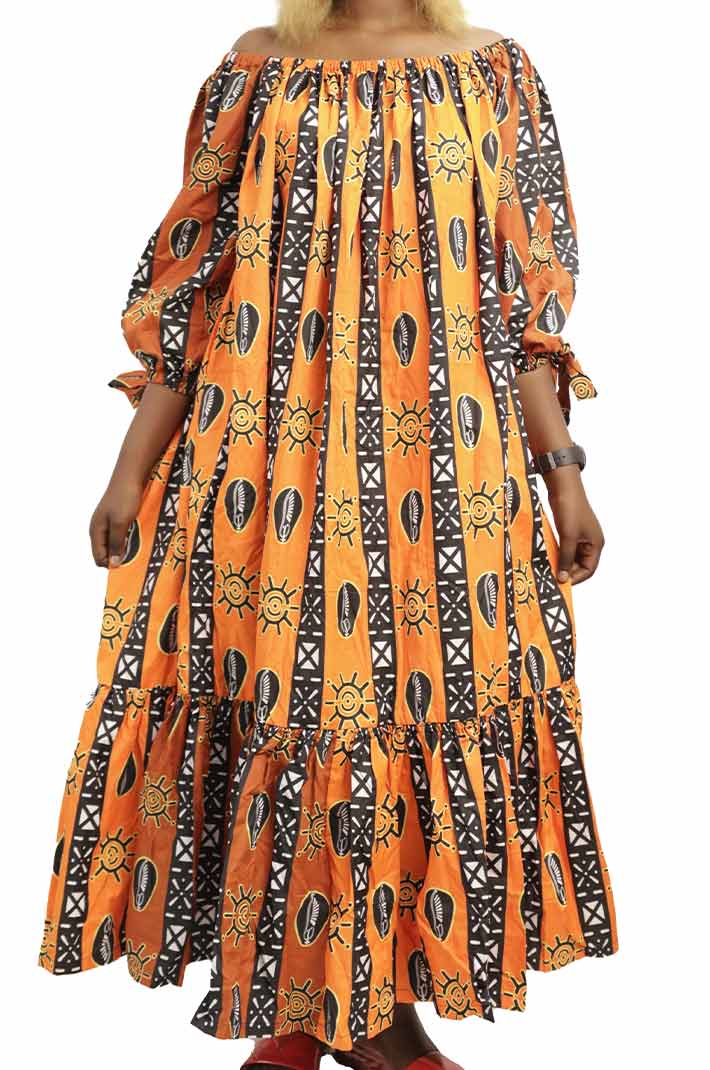 Long African Dress in Orange and Black Wax Fabric, vibrant African dress for cultural and formal events, available at BaobabMart.