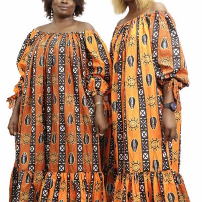 Long African Dress in Orange and Black Wax Fabric, vibrant African dress for cultural and formal events, available at BaobabMart.