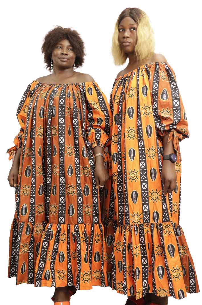 Long African Dress in Orange and Black Wax Fabric, vibrant African dress for cultural and formal events, available at BaobabMart.