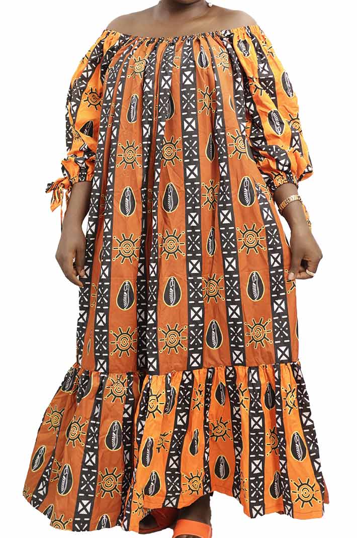 Robe longue africaine en tissu wax orange et noir à vendre