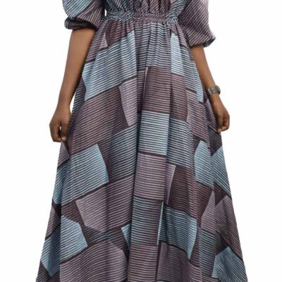 Long Dress in Wax Fabric with Boat Collar and Puff Sleeves, elegant African attire for cultural and formal events, available at BaobabMart.