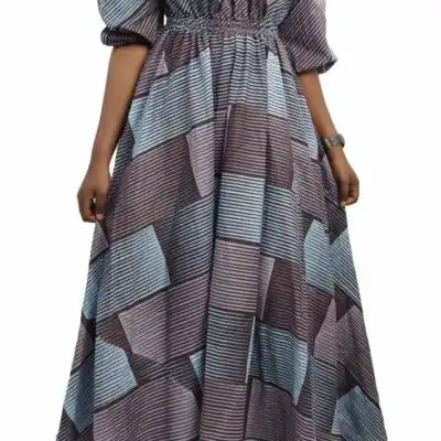 Long Dress in Wax Fabric with Boat Collar and Puff Sleeves, elegant African attire for cultural and formal events, available at BaobabMart.