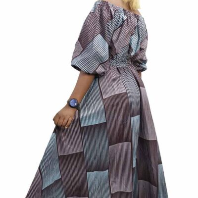 Long Dress in Wax Fabric with Boat Collar and Puff Sleeves, elegant African attire for cultural and formal events, available at BaobabMart.
