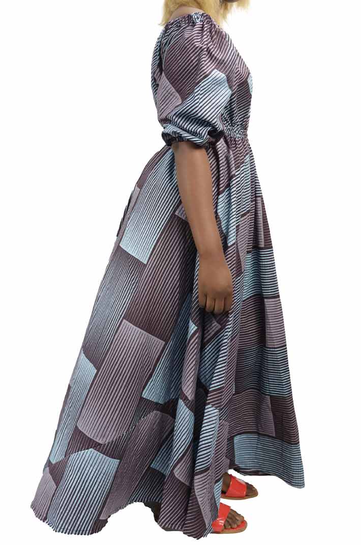 Long dress in wax fabric with boat collar and puff sleeves 3 Long Dress in Wax Fabric with Boat Collar and Puff Sleeves, elegant African attire for cultural and formal events, available at BaobabMart.