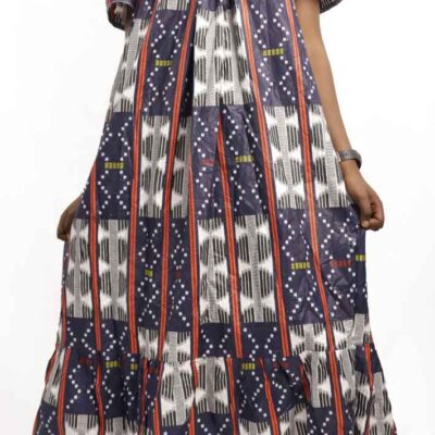 Long Dress Kaba Boat Collar with Geometric Pattern – Elegant and stylish, available at Baobabmart.