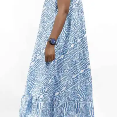 Long Kaba Dress in Ndop and Mao Neckline – elegant African fashion available at Baobabmart.