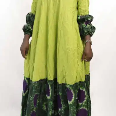 Long Green Basin Dress – vibrant African attire with a flowing silhouette, available at BaobabMart.