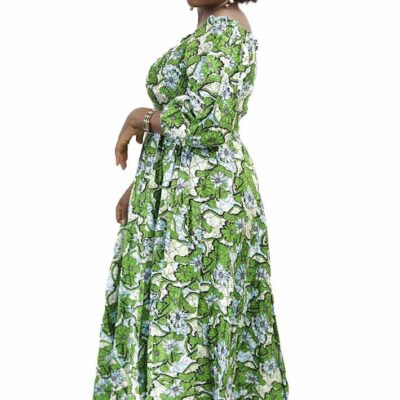 Long Green Wax Fabric Dress with Wrinkled Bust, elegant African dress for formal and cultural events, available at BaobabMart.