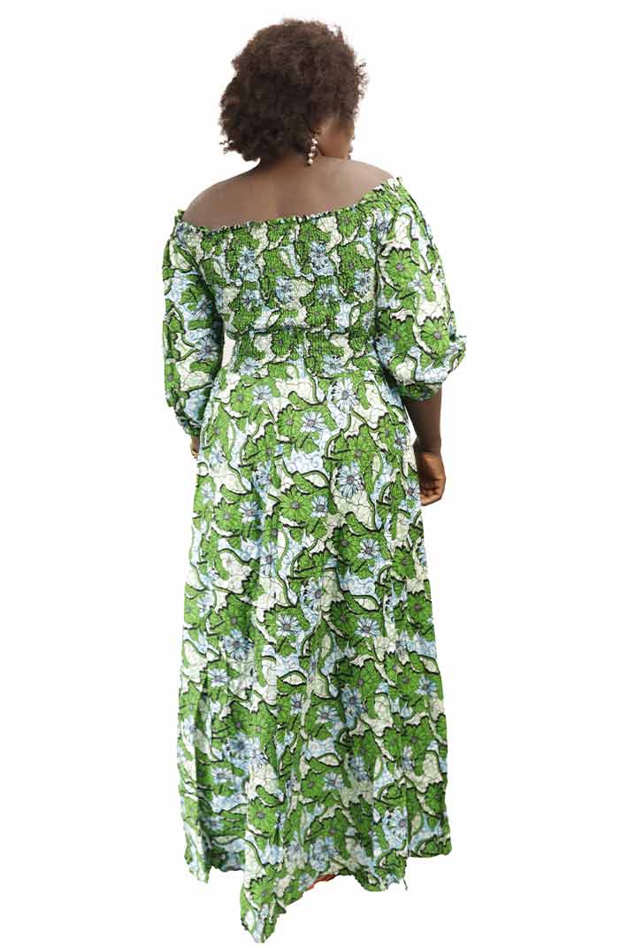 Long green wax fabric dress with wrinkled bust 3 Long Green Wax Fabric Dress with Wrinkled Bust, elegant African dress for formal and cultural events, available at BaobabMart.