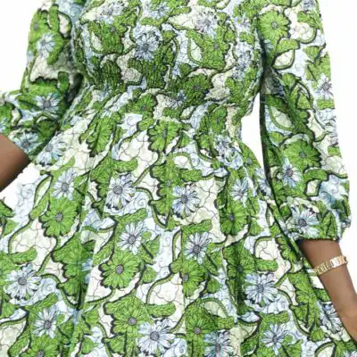Long Green Wax Fabric Dress with Wrinkled Bust, elegant African dress for formal and cultural events, available at BaobabMart.