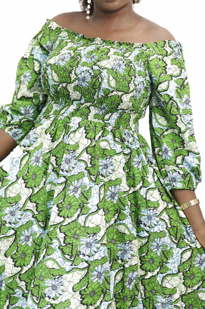 Long Green Wax Fabric Dress with Wrinkled Bust, elegant African dress for formal and cultural events, available at BaobabMart.