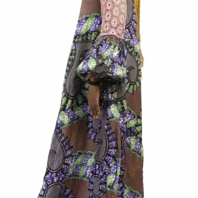 Long Kaba Dress with Long Puff Sleeves – elegant African attire featuring floral mesh bust, available at BaobabMart.