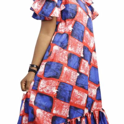 Long Kaba Dress with Red and Blue Patterns, elegant African dress for formal and cultural occasions, available at BaobabMart.
