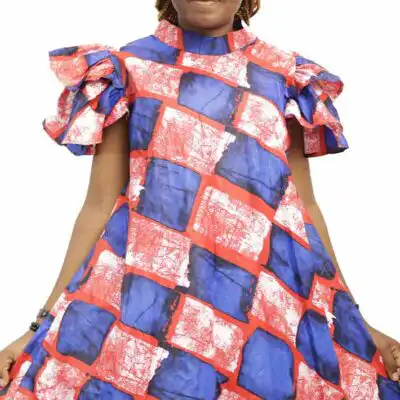 Long Kaba Dress with Red and Blue Patterns, elegant African dress for formal and cultural occasions, available at BaobabMart.