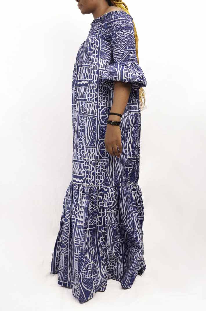 Long ndop fabric dress with wrinkled bust 2 Celebrate African culture with elegant Ndop fabric dresses. Shop now at BaobabMart!