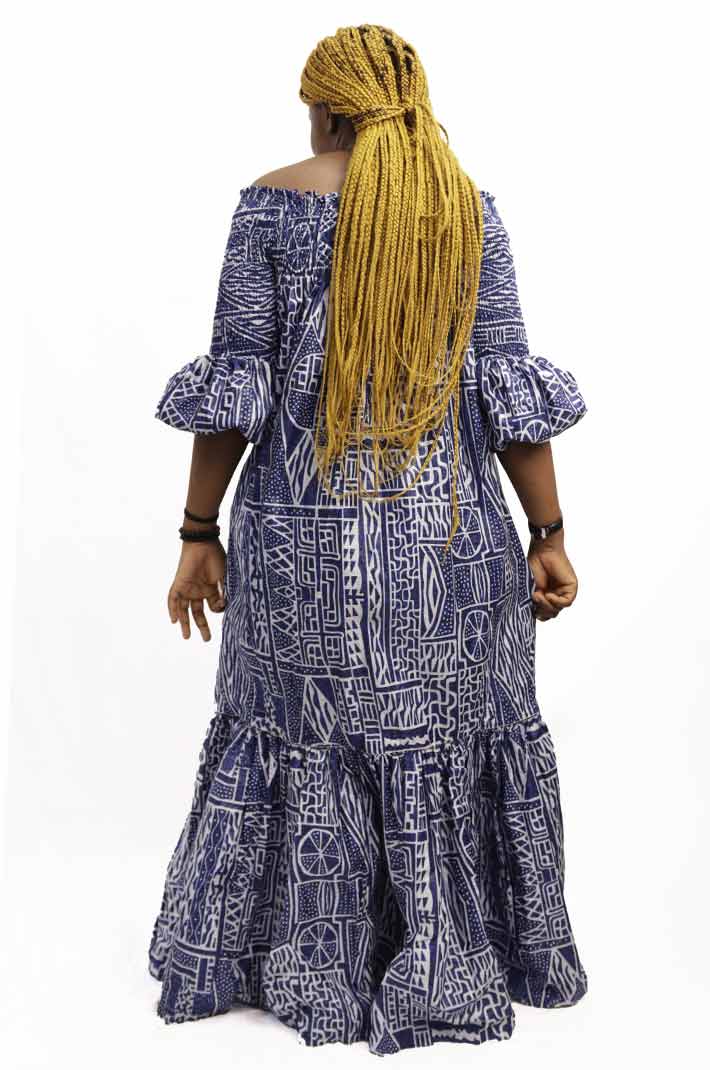 Long ndop fabric dress with wrinkled bust 3 Celebrate African culture with elegant Ndop fabric dresses. Shop now at BaobabMart!