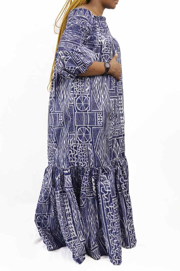 Long ndop fabric dress with wrinkled bust 4 Celebrate African culture with elegant Ndop fabric dresses. Shop now at BaobabMart!