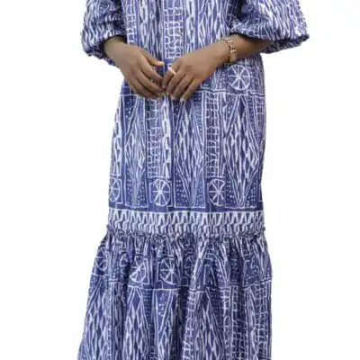 Long African Ndop Kaba Dress – elegant and cultural African attire crafted from authentic Ndop fabric, available at BaobabMart.