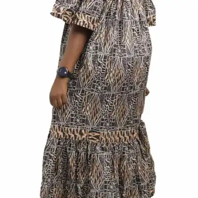 Long Ndop Kaba with Off-the-Shoulder Neckline, elegant African dress for formal occasions, available at BaobabMart.