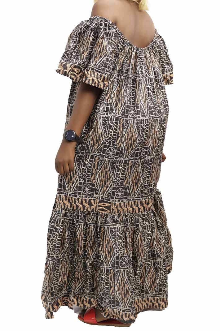 Long Ndop Kaba with Off-the-Shoulder Neckline, elegant African dress for formal occasions, available at BaobabMart.