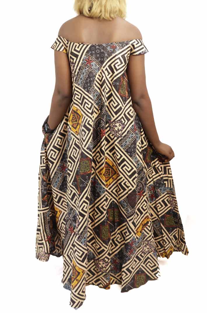 Long off-shoulder dress 3 Long Off-shoulder Vintage African Dress, premium fabric, timeless design, available at Baobabmart.