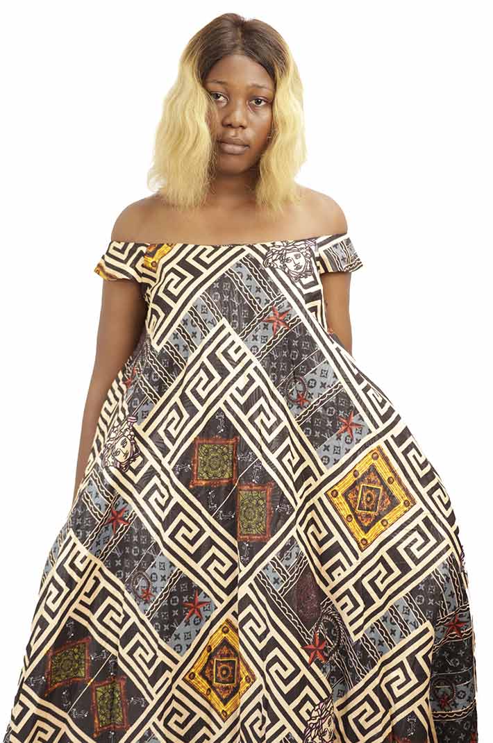 Long off-shoulder dress 5 Long Off-shoulder Vintage African Dress, premium fabric, timeless design, available at Baobabmart.