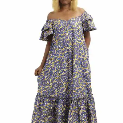 Long Off-Shoulder Dress with Short Sleeves, elegant African attire for formal events, available at BaobabMart.