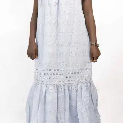Long Sky Blue Dentelle Dress – elegant African attire in delicate fabric, available at BaobabMart.